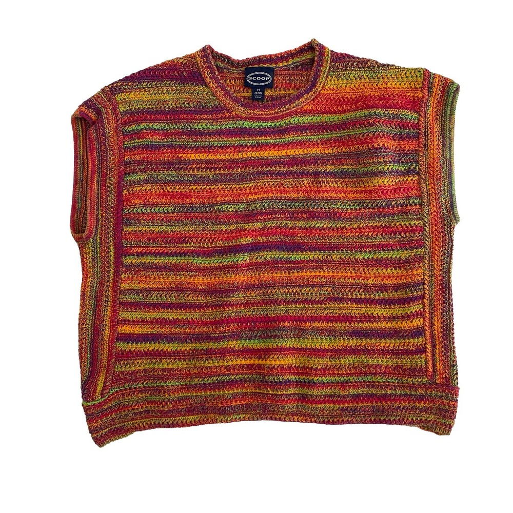 Scoop Cap Sleeve‎ M Boxy Knit Sweater Multicolor Round Neck 100% Cotton Cottage
